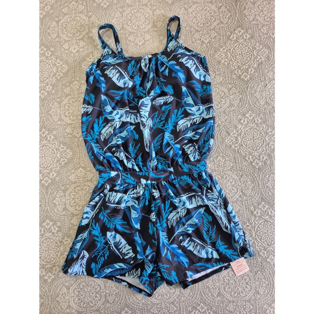 Arolina Womens Tropical Leaf Print Swim Romper‎ Blue Black One Piece NWT XL